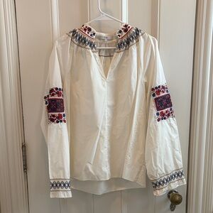 Tibi Cream Blouse with Red and Blue Embroidery